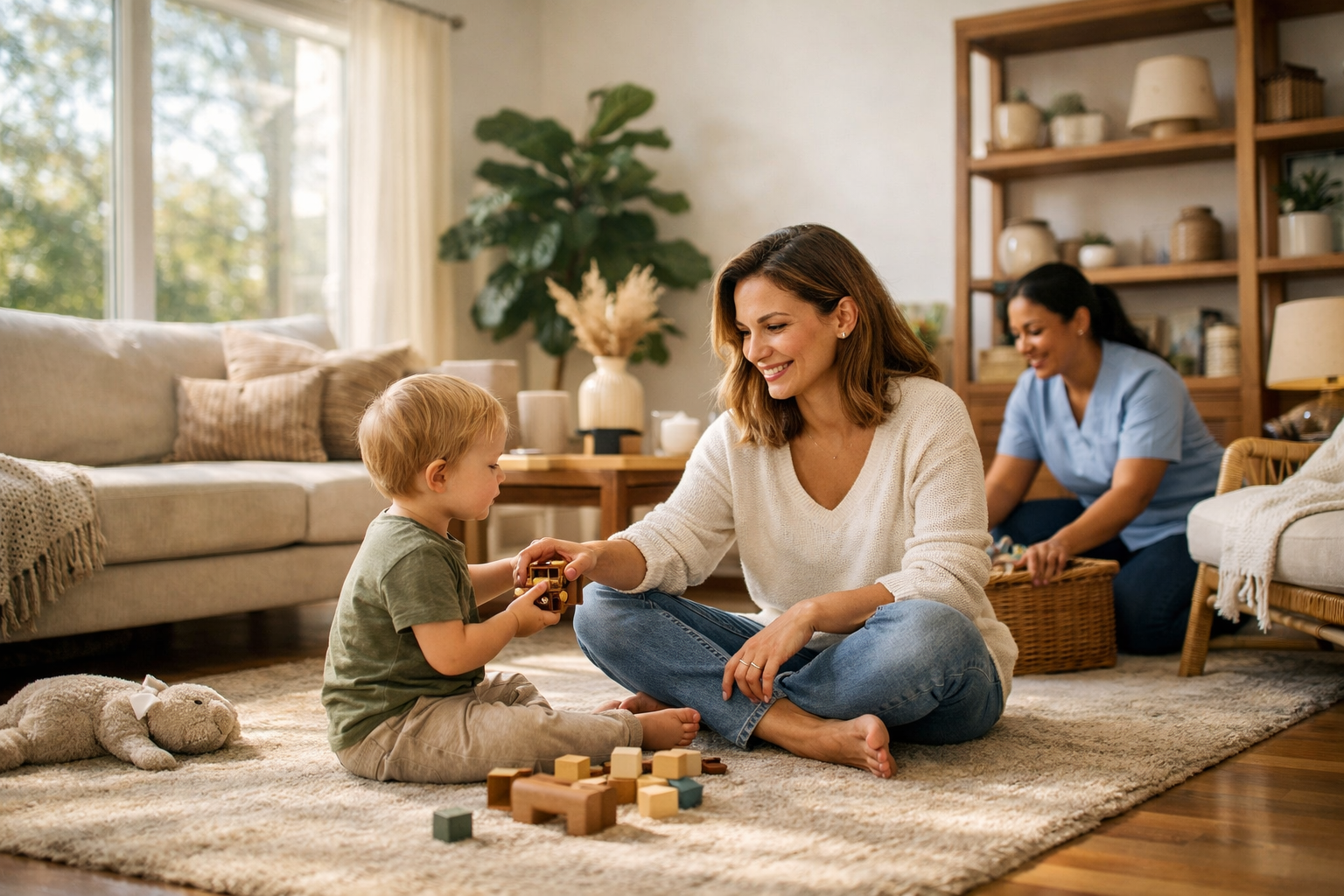 A mother and child playing together in a sunlit living room with a professional caregiver assisting nearby