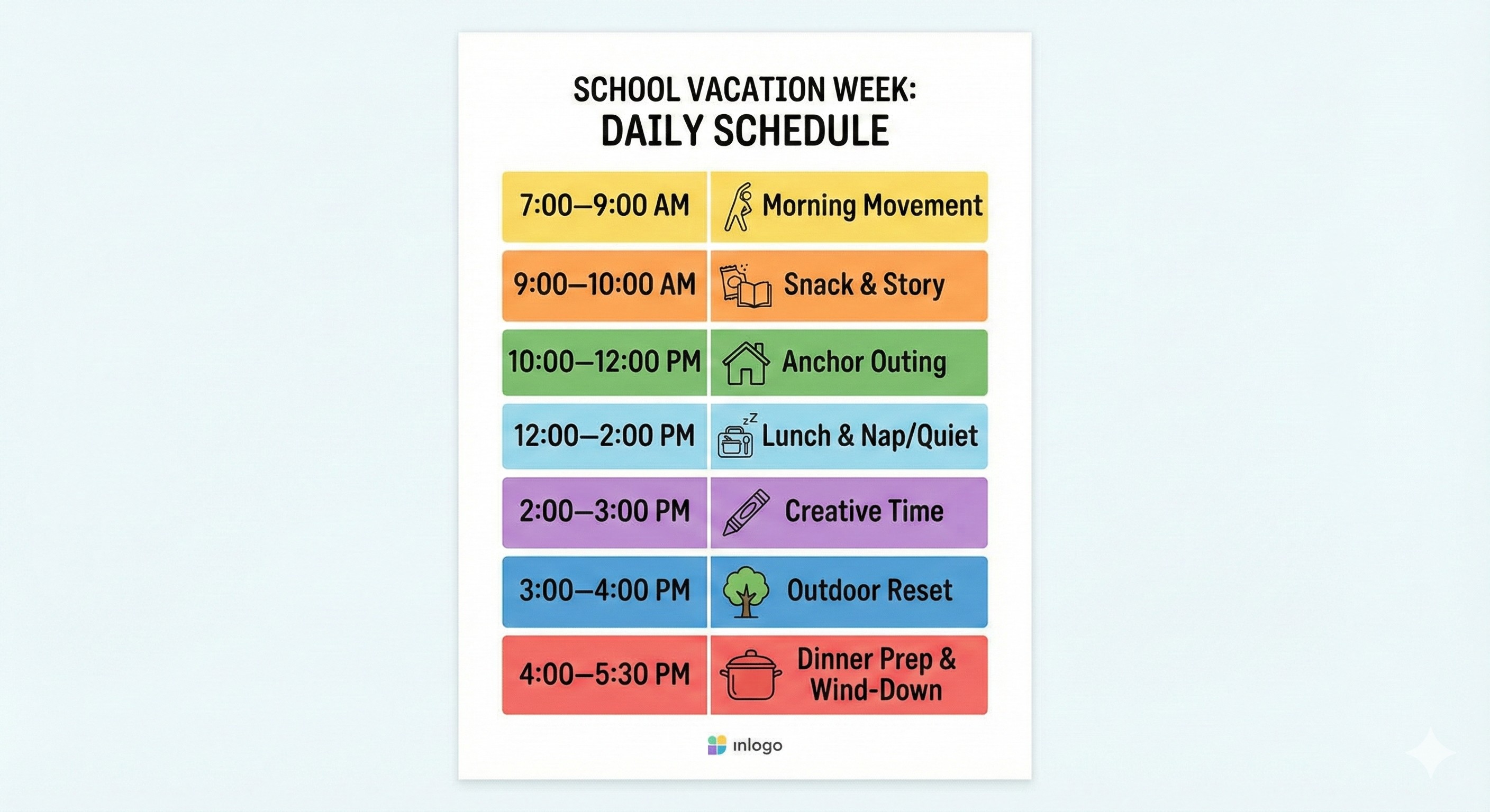 Printable daily schedule template for school vacation week with time blocks for morning movement, anchor outing, quiet time, and more