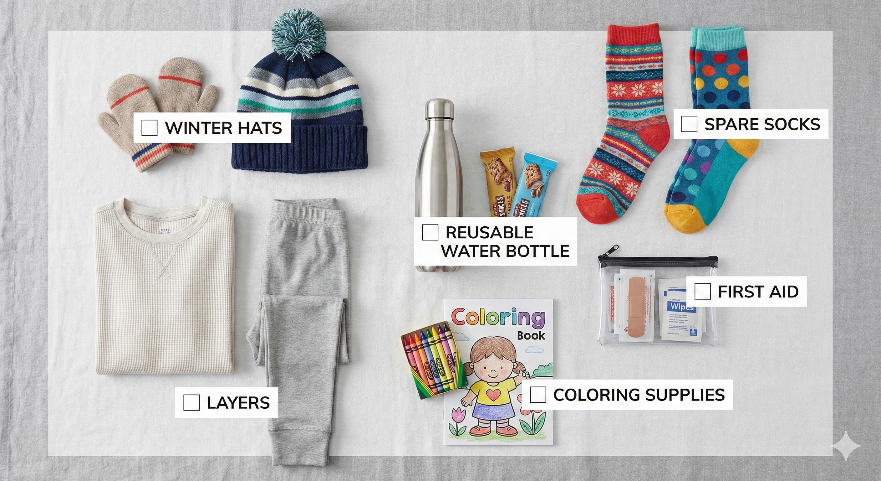 Winter packing checklist flat lay showing mittens, hat, layers, water bottle, snacks, spare socks, hand warmers, first aid pouch, and coloring supplies neatly arranged